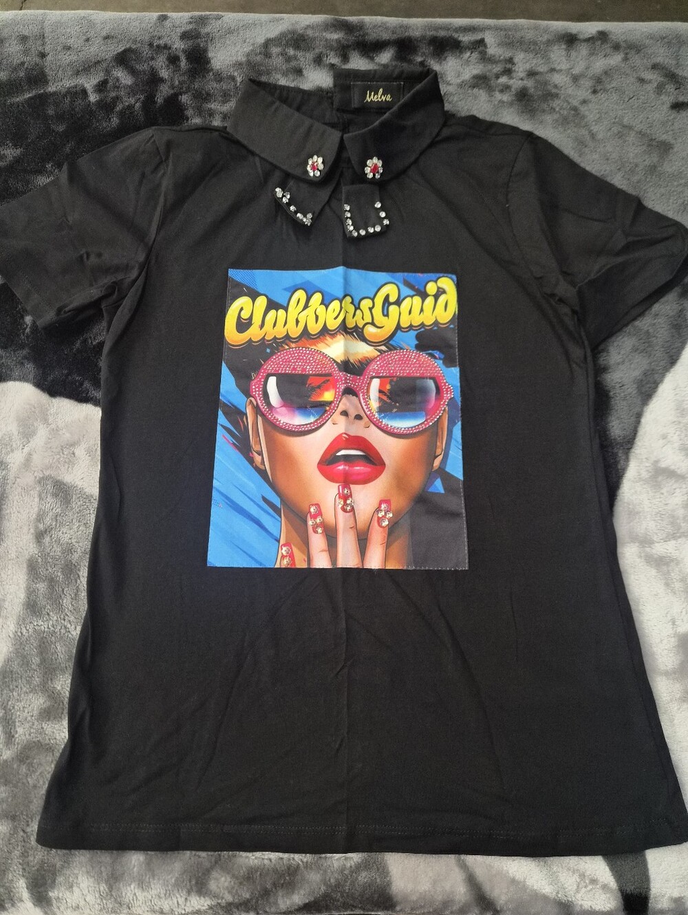 Black Graphic Tee with Embellished Collar - Clubbers Guide Print